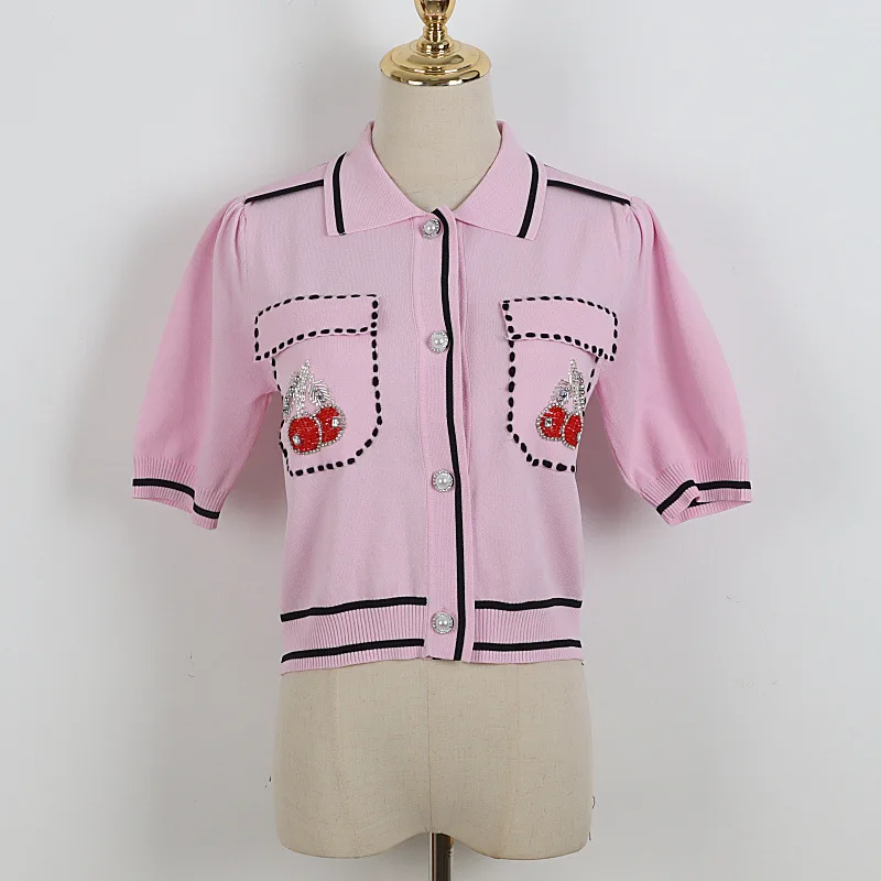 

2021 summer of the European and American cherry glitter nail bead patch single-breasted brief paragraph ice silk knit POLO