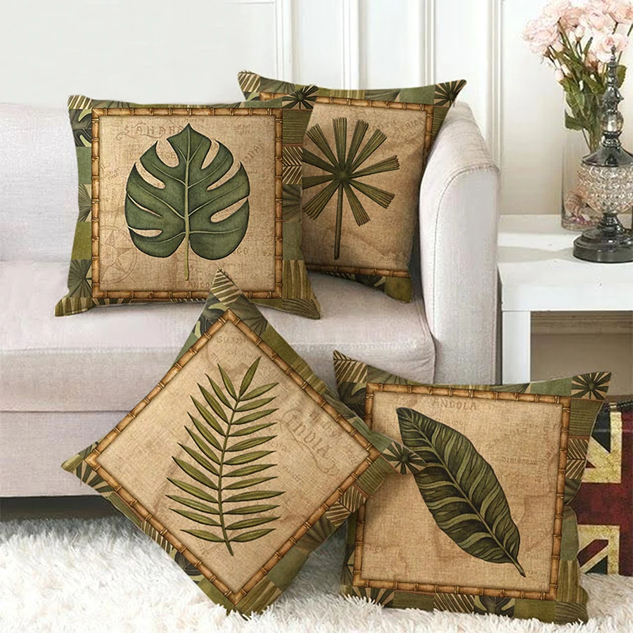 

Decorative Green Leaves Print Pillow Covers Square Fauxlinen Pillowcase Living Room Sofa Vintage Cushion Cover 45x45 Home Decor