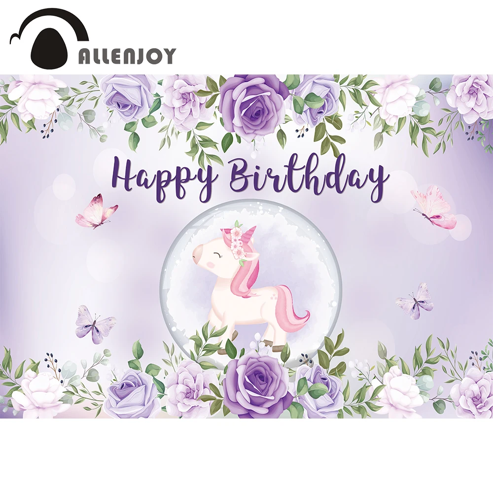 

Allenjoy фон с единорогом на день рождения фон для фотосъемки с изображением для девочек с принтом бабочка, с украшением в виде кристаллов мяч ...