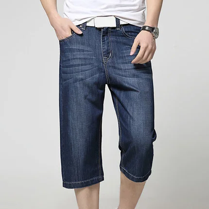 dark blue3317 Повседневные джинсовые шорты мужские до колена прямые однотонные синие джинсовые шорты мужские летние мягкие свободные карманы внизу размера плюс 28-44 A5334 - Цвет: dark blue3317