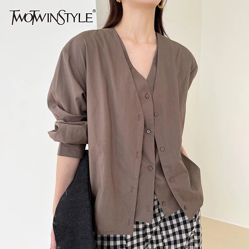 

Женская блузка с длинным рукавом TWOTWINSTYLE, свободная однотонная Повседневная рубашка с V-образным вырезом, 2021