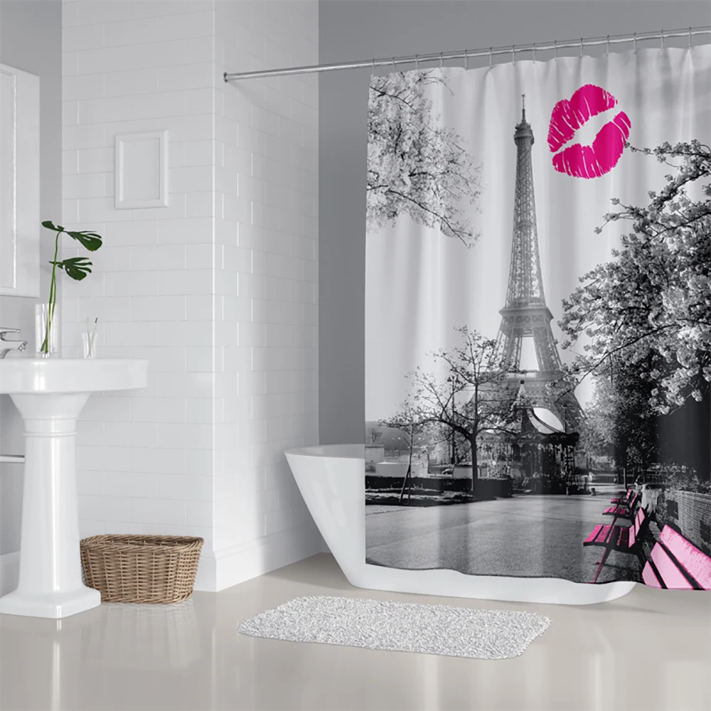 

Retro Paris Tower Shower Curtain Beautiful Scene Print Bathroom Decor Easy Installation Design Curtain with Hook 180x180 cm