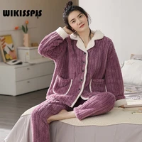 wikisspjs 2021 autumn winter coral velvet pajamas womens thickened plush warm flannel home clothes loose suit sleepwear