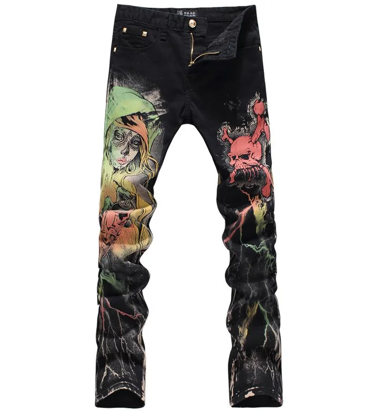 Черные мужские джинсы с принтом черепа цветные брюки облегающие хлопковые