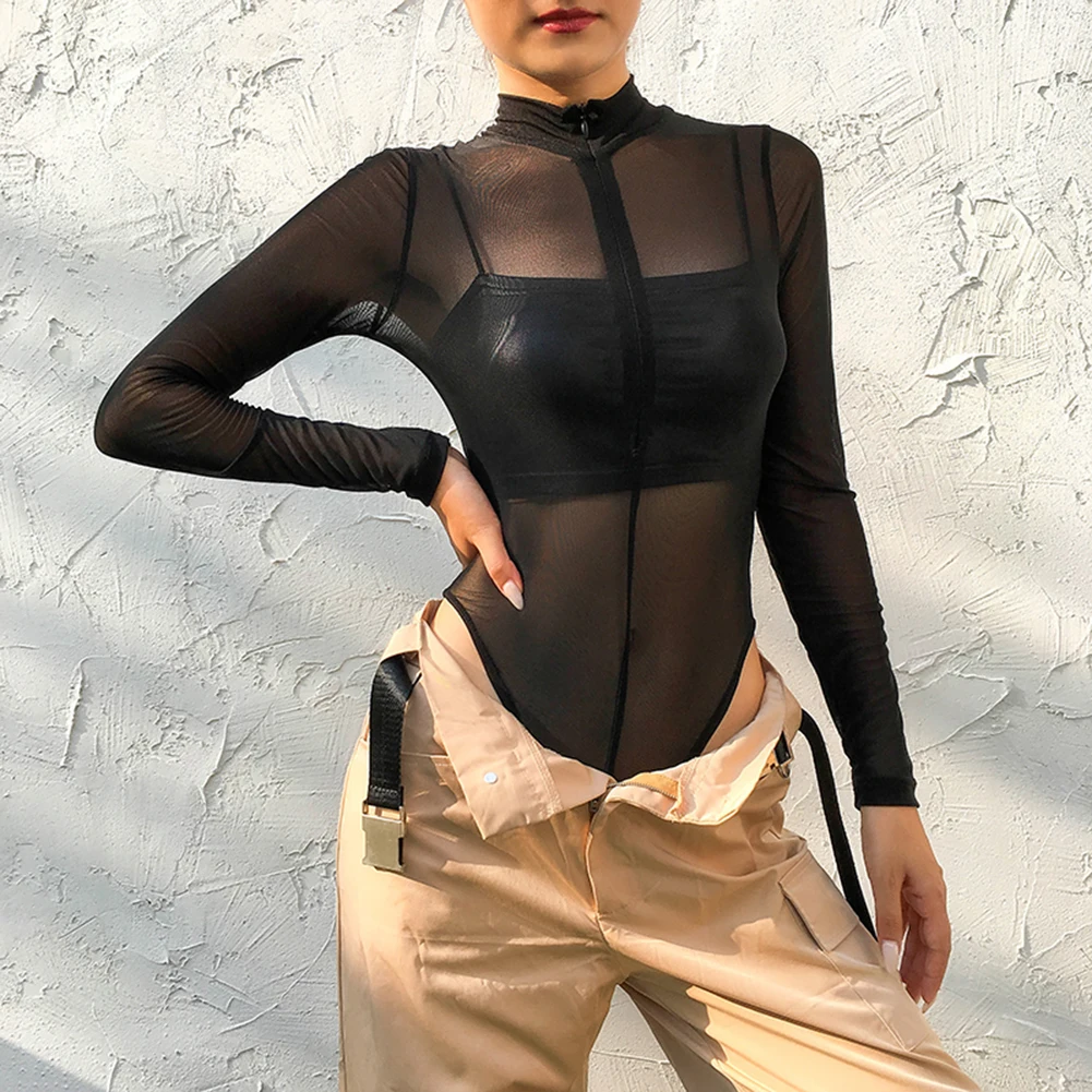 Сексуальный прозрачный сетчатый женский комбинезон на молнии с длинным рукавом