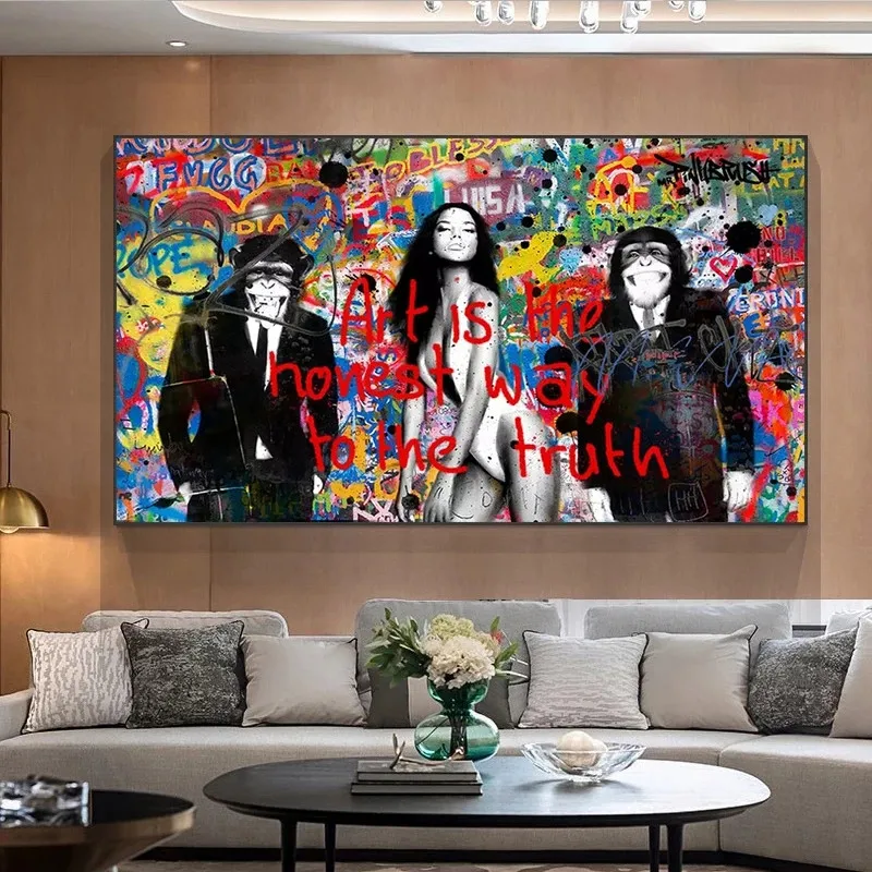 

Banksy Graffiti Canvas Wall Art Posters and Prints Funny Monkeys and Girls Canvas Printings Large Pictures for Modern Room Decor