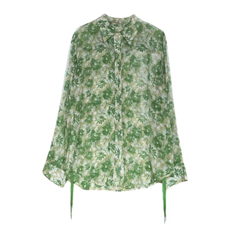 

Long Sleeve Tutn-Down Collar French Print Floral Green Button Loose Sweet Women's Clothing Korean Style 2021 Summer Tops Blouse