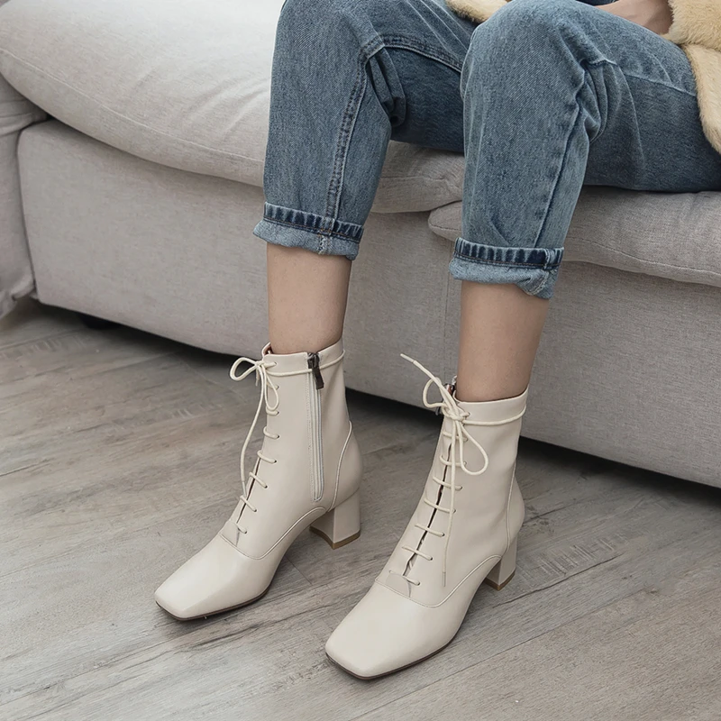 

ASUMER 2020 New genuine leather boots square toe top quality lace up square high heels autumn winter boots fashion ankle boots