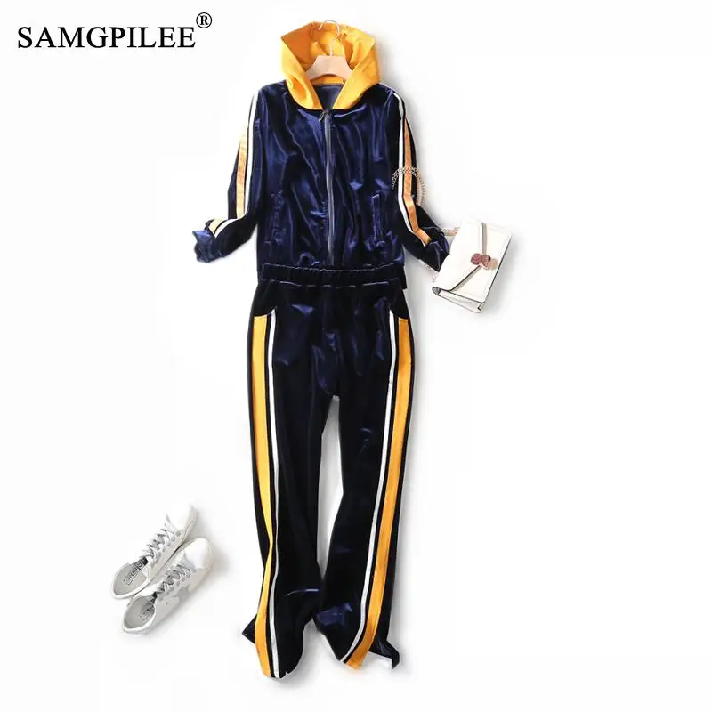 

2 Piece Sets Womens Outfits Full Sleeve Casual Pullover Hooded Elastic Waist Striped Full Length Two Piece Tracksuits Women Set