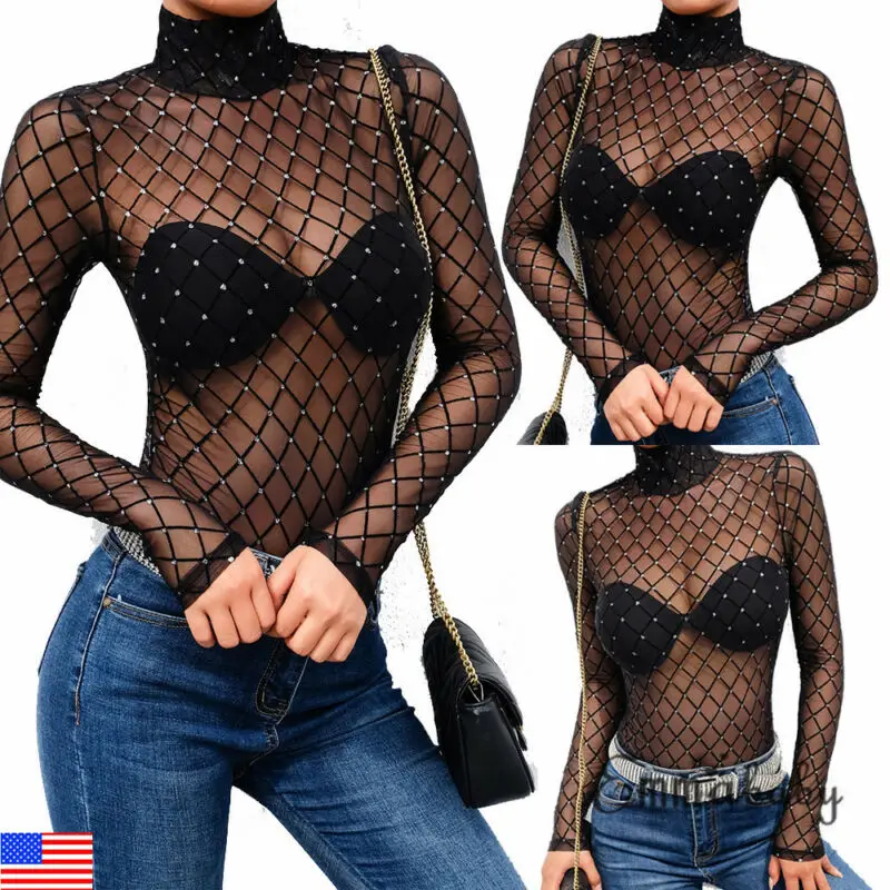 Новинка блестящий женский Облегающий комбинезон в сеточку черный прозрачный