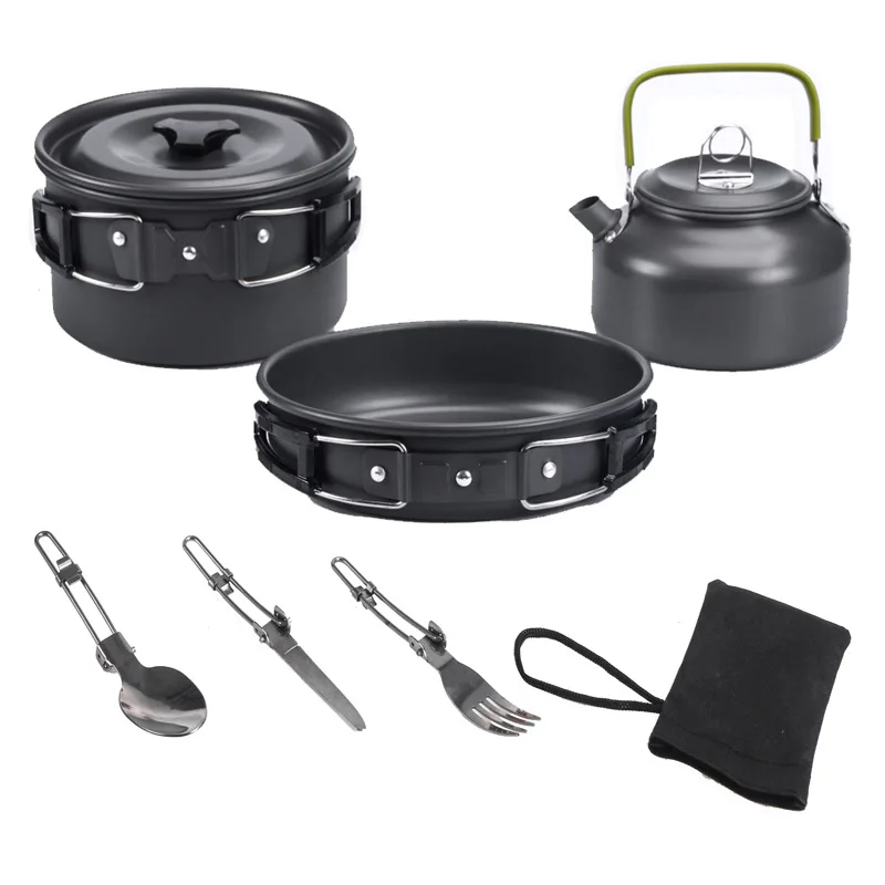 Camping Cookware Mess Kit Outdoor Camp Tableware Pot Sets Stainless Frying Pan Kettle Hiking Travel Portable Knife Fork Spoon | Спорт и