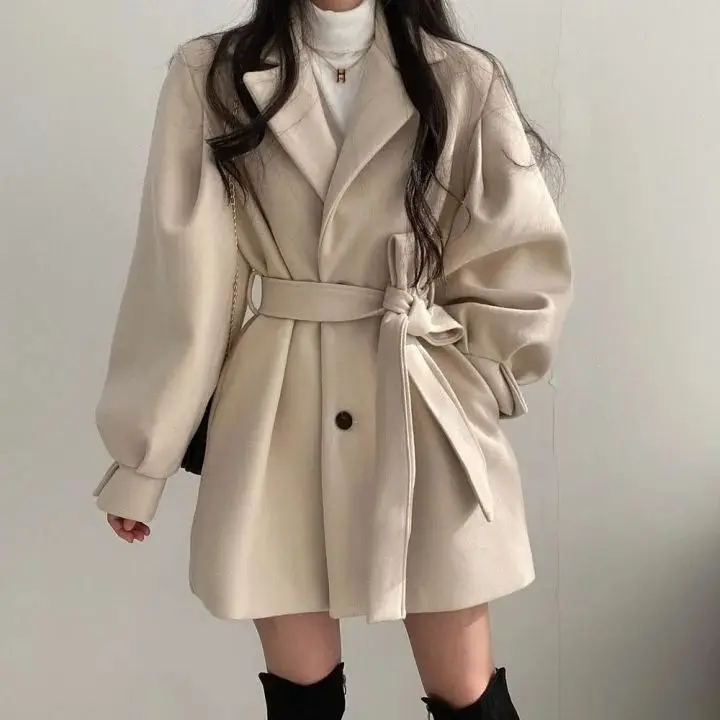 

Women Solid Wool Blend Coat Slim Fit Belt Coats Female Warm Plus Cotton Thicker V-neck Office Lady Elegant Trendy Button Outwear