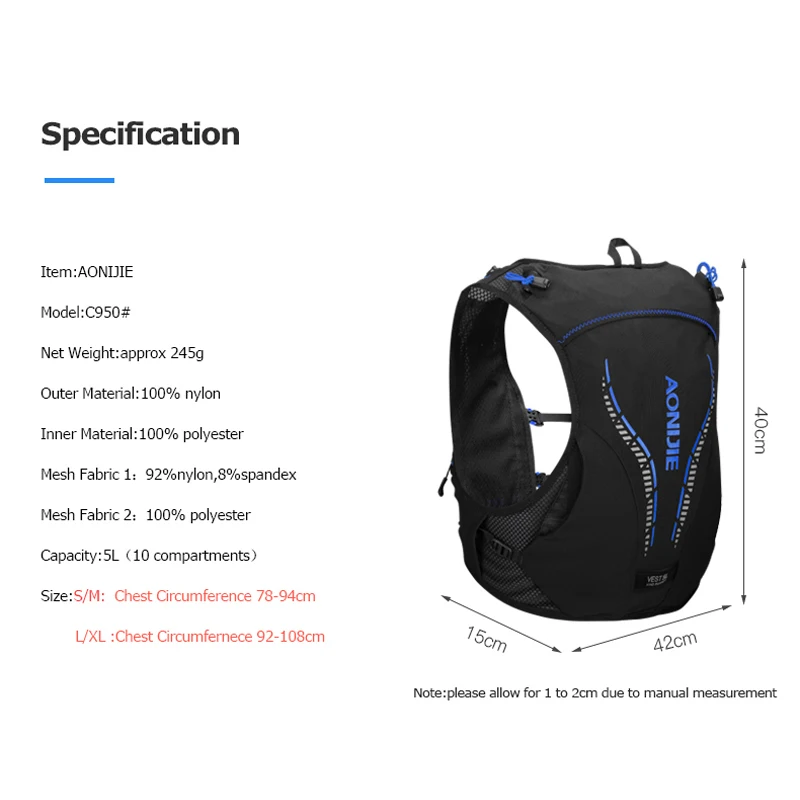 AONIJIE 5L C950 Advanced Skin Hydration Backpack Rucksack Bag Vest Harness Water Bladder Hiking Running Marathon Race Sport Sets