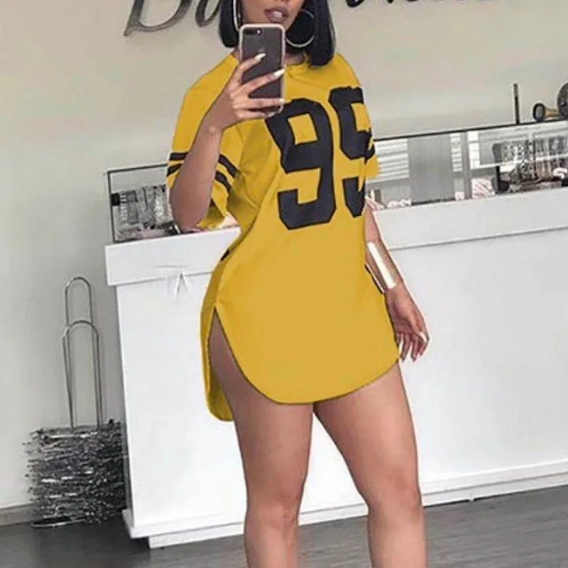 

Women Sexy Side Split Mini Dress Summer New O Neck Slim Plus Size S-5XL Dresses For Women 2021 Fashion Letter Print Pencil Dress