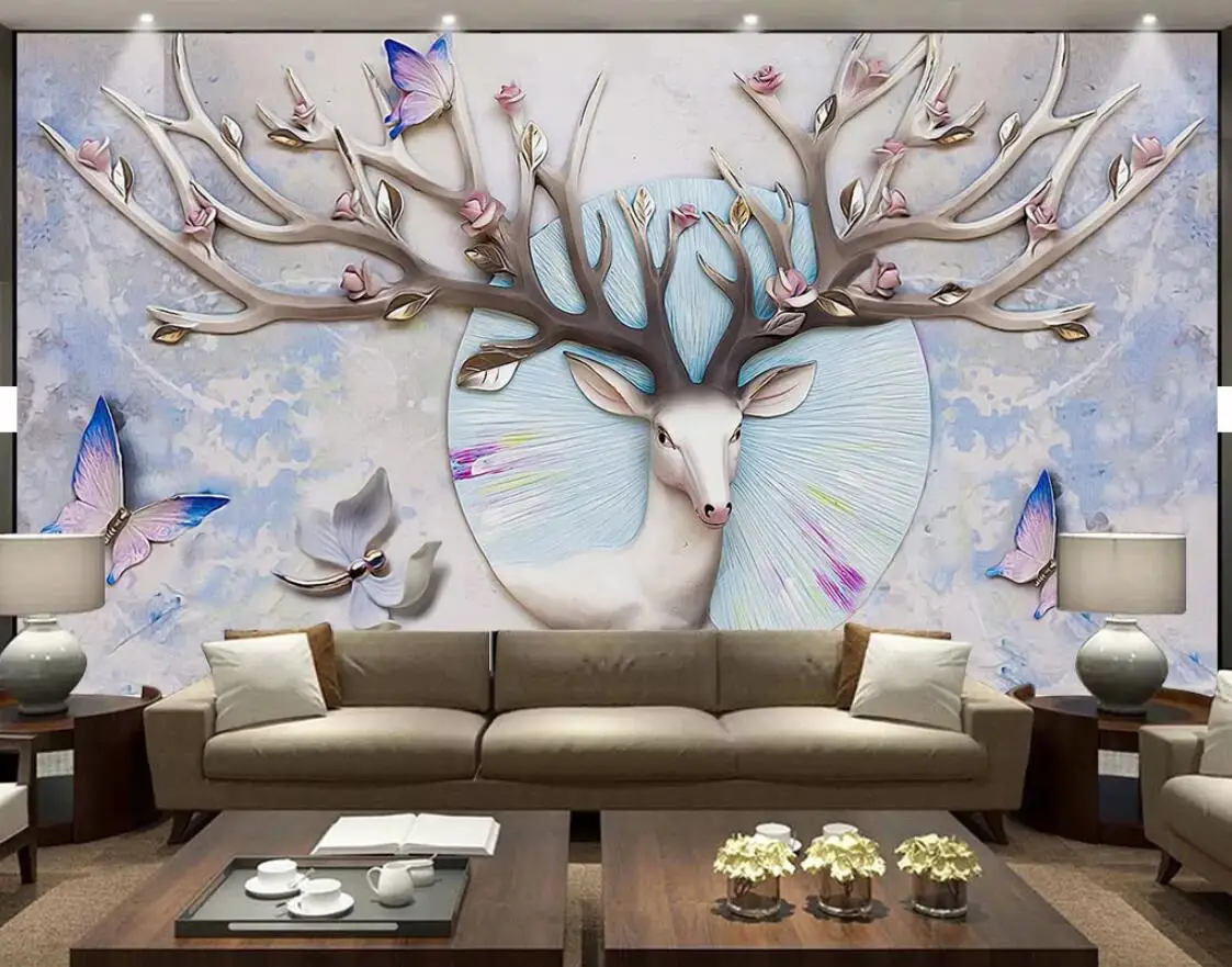 

Embossed Sika Deer Wallpaper Luxury Flower Wall Mural Painting Bedroom Wall Art HD Canvas Prints Textured Wall Papers Home Decor