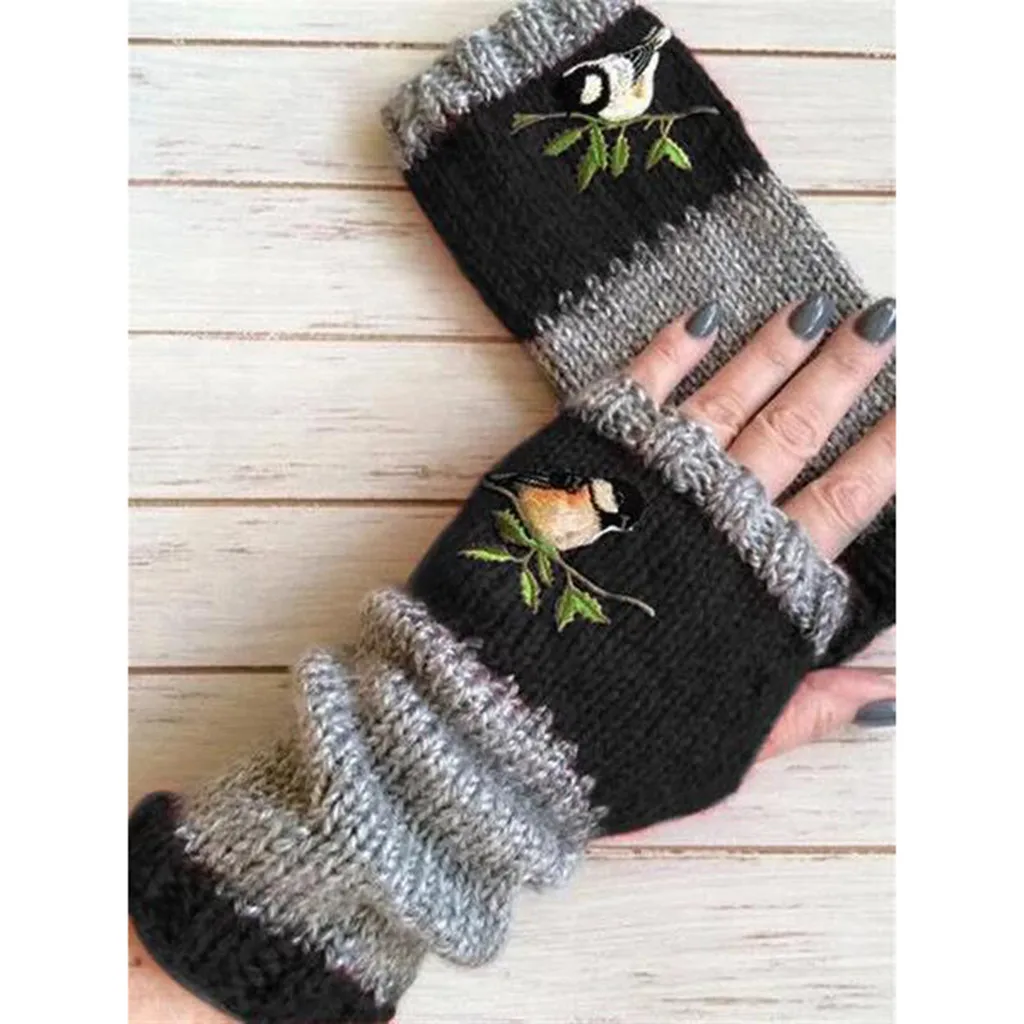 

1 Pair Women Fingerless Gloves Half Finger Knitted Mittens Winter Soft Warmer Basic Female 7 Colors Embroidery Splicing Gloves