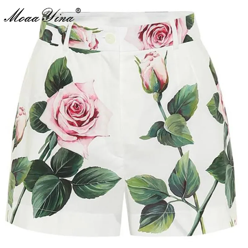 MoaaYina Summer Women Rose Floral-Print Cotton Shorts | Женская одежда