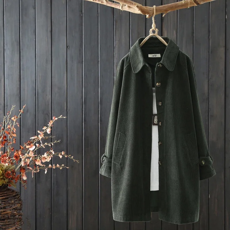 

Women's Mid-length Corduroy Long Sleeve Trench Coat 2020 Spring Autumn New Original Retro Art Tops Casual Loose Simple Outwear