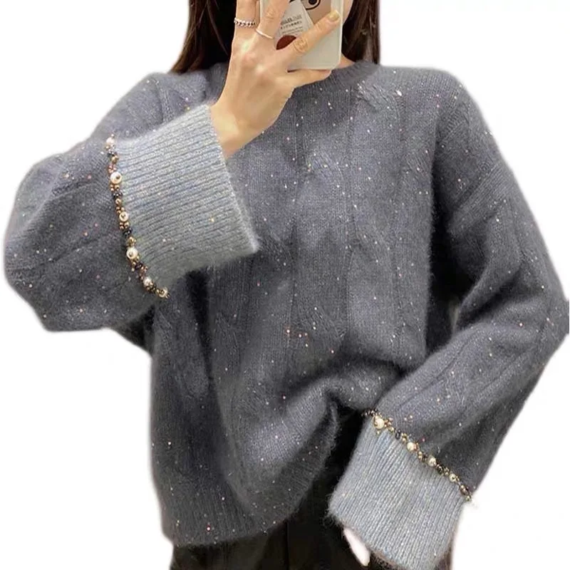 

Korean Style Haze Blue Sweater Women Loose Outer Wear Lazy Style Thick Pullover Sweater Top Vetment Femme Top Sweter