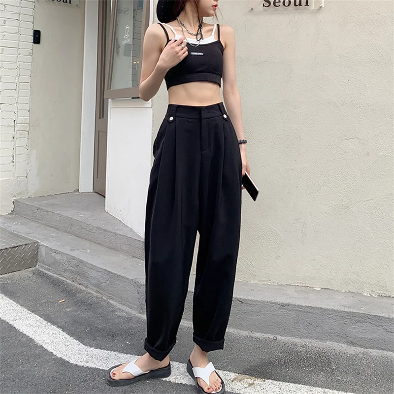 

HziriP Hot Plus Size Femme Chic High Quality Loose Slim 2021 Solid Streetwear Office Lady New Pants High Waist Harem Trousers