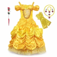princess beauty and the beast belle ball gown for girls pageant pleat dress yellow lace party frocks kids cosplay costume