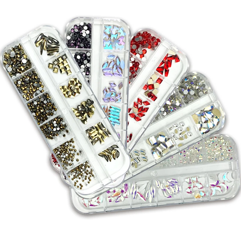 

12 Grids Box Multi Size AB/Colorful Hotfix Rhinestones Flatback Crystal Diamond Gems 3D Glitter Nail Art Luxurious Decorations