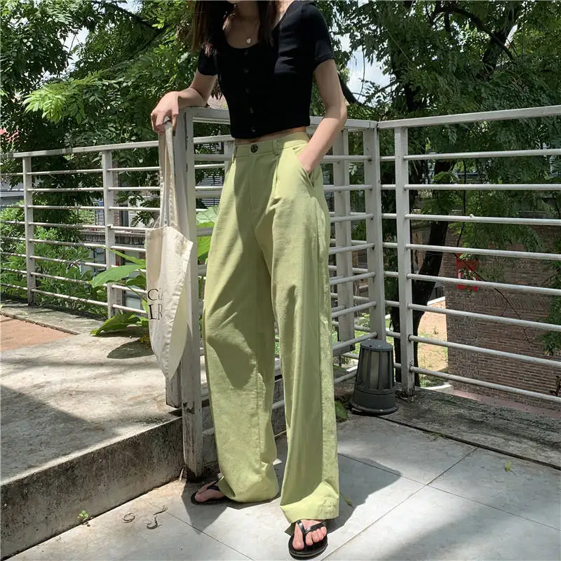 

HStar 2020 spring women elegant long loose pants vintage lady high waist wide leg pants female casual street pants bottoms