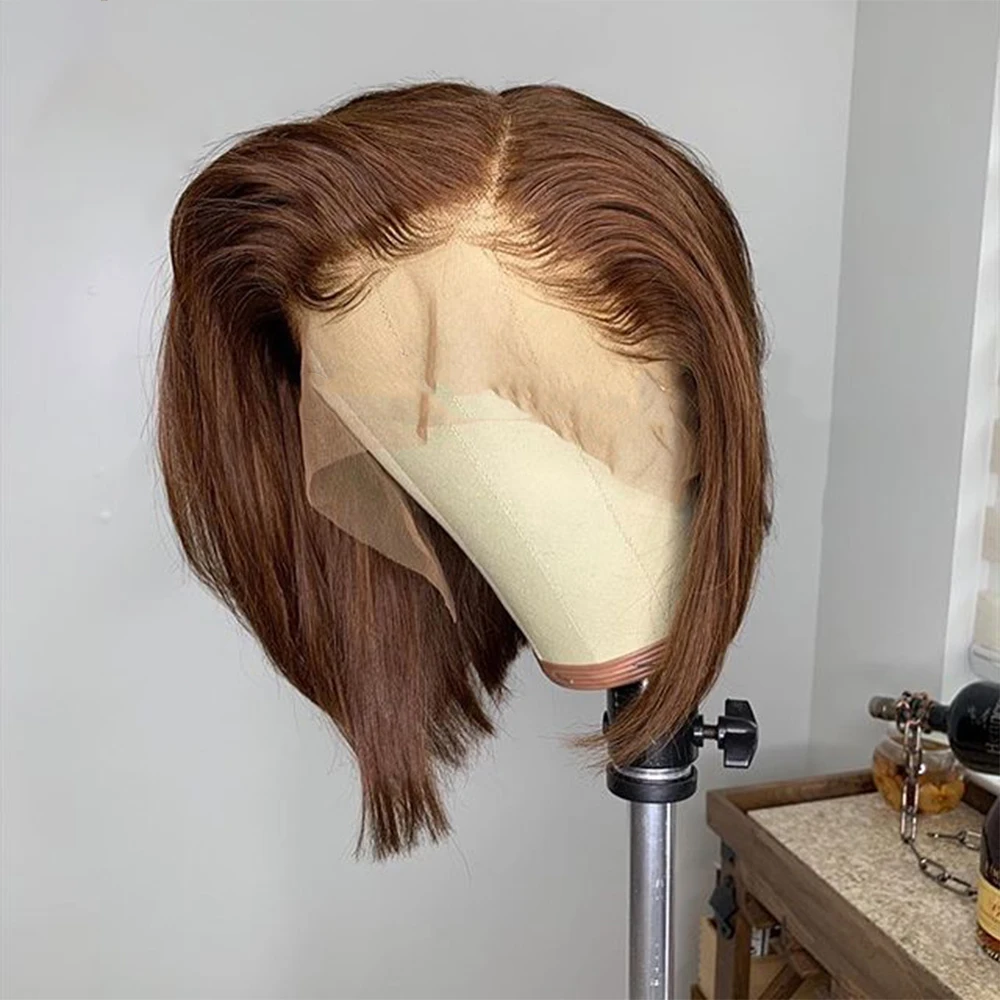 

Soft Chestnut Brown Short Cut Bob Straight Black Remy 13x4 Lace Front Wig For Women With Baby Hair Glueless Preplucked Brazilian