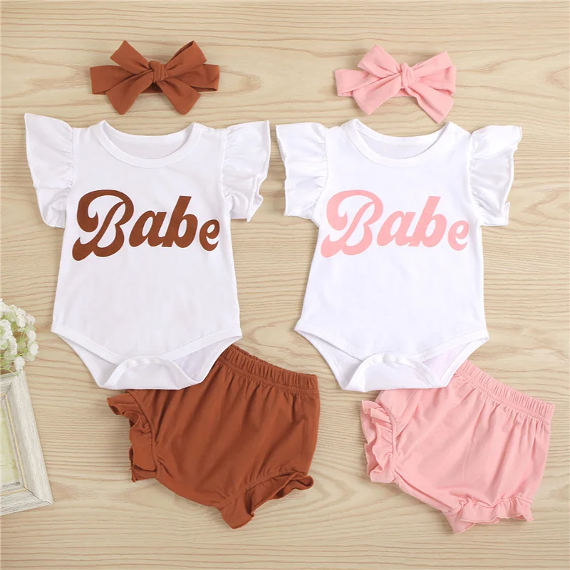

3pcs Baby Girls Cotton Clothes Sets,Children Girl Casual Letter Fly Sleeve Romper and Solid Color Shorts with Headband,0-18Month