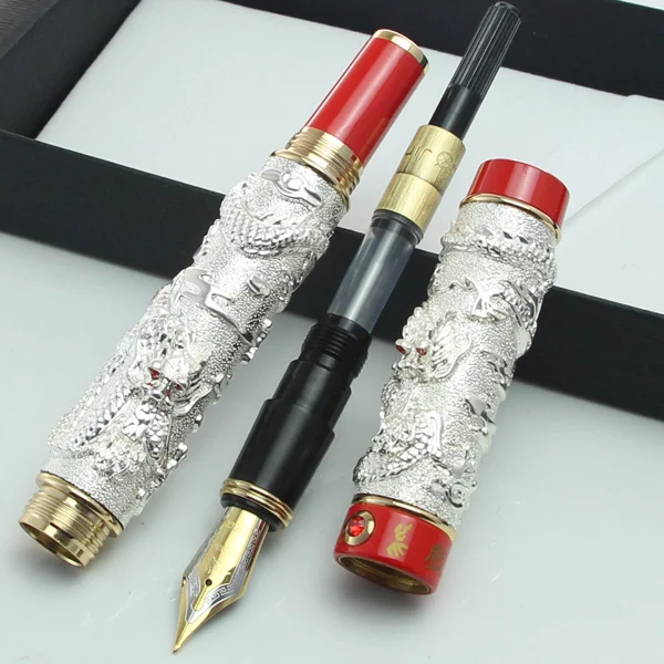 JINHAO, золотистая, серебряная, коричневая перьевая ручка "Два дракона, играющие с жемчужиной", резная, без подарочной коробки
