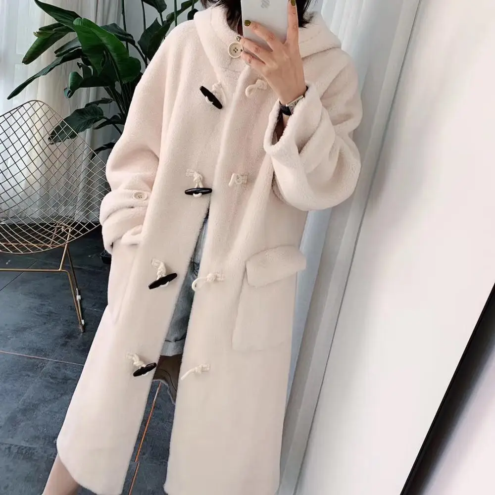 

Real Composite Shearling Lamb Women Genuine Wool Coat with Faux Suede Leather Liner hooded sheep Fur jacket