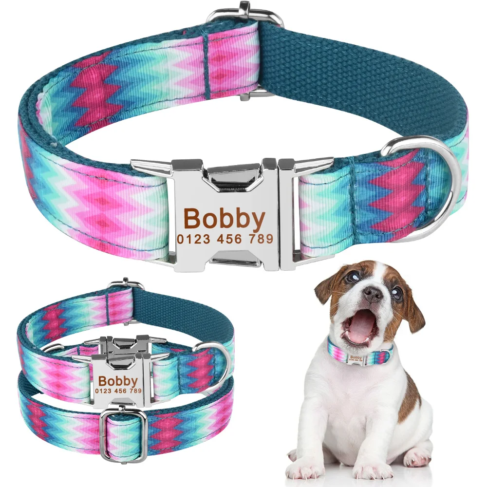 

AiruiDog Blue Green Personalized Dog Nylon Collar Engraved Pet Name Small Medium Large XS