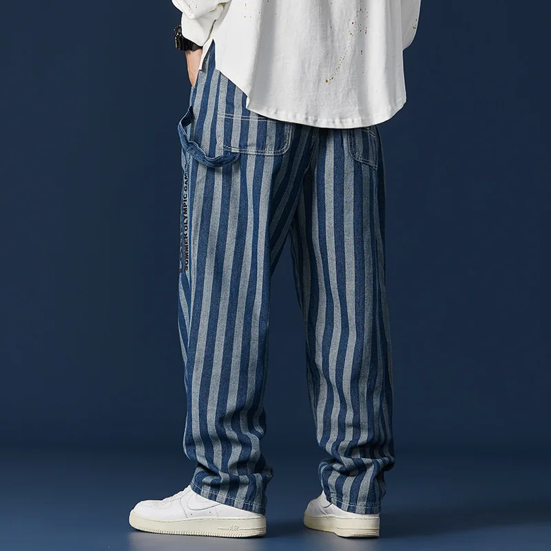 Spring Striped Jeans Men's Ins Trend Loose Straight Pants Nostalgic Letter Youth Blue Casual Fashion All-Match Wide Leg Trousers
