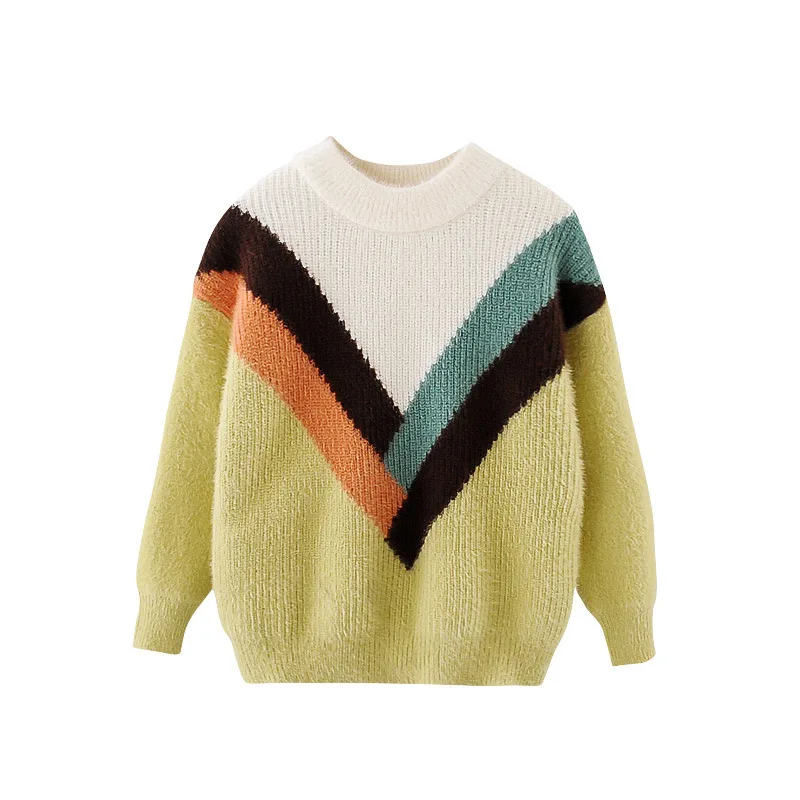 

Girls winter thick knitted sweater girls mink velvet plaid knitted sweater fashion color matching pullover warm sweater girls