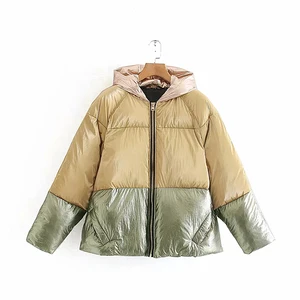 Женская Лоскутная парка Za, повседневная желтая куртка с капюшоном, одежда оверсайз, зима 2019