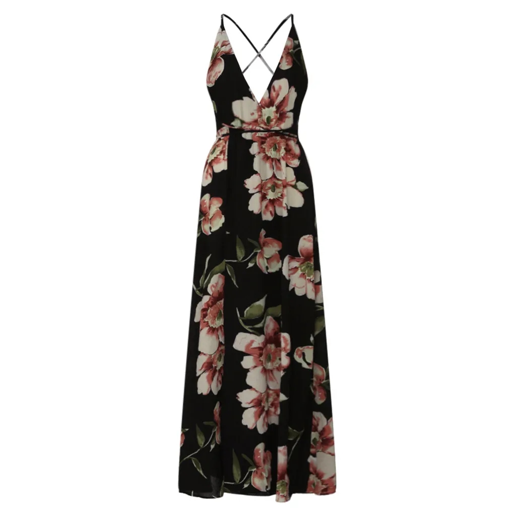 

Women Summer Sexy Boho Long Evening Party Dress Hang Neck Open Back Beach Ankle Dress High Split Dress