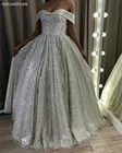 Потрясающее блестящее серебряное Свадебные платья с блестками ТРАПЕЦИЕВИДНОЕ ПЛАТЬЕ с открытыми плечами Дубай арабское Элегантное свадебное платье знаменитости