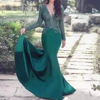 dubai evening dresses 2020 v neck beaded appliques lace green long sleeve prom dress mermaid arabic muslim party gown