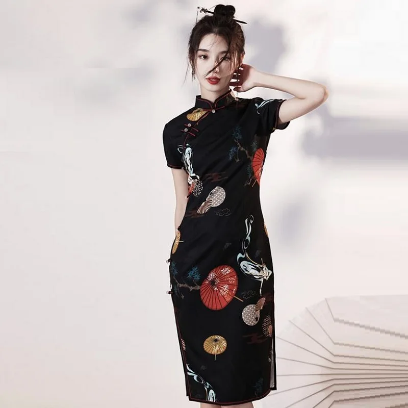 

2021 New Summer Chinese Dress Qipao Casual Harajuku Traditional Chinese Clothes Vintage Modern Cheongsam Dress For Women FF3361