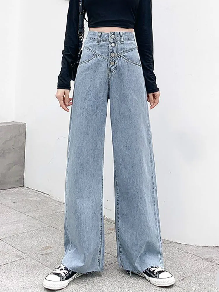 

Autumn High Waist Button-Fly Wide Leg Straight Loose Long Denim Jeans for Women S M L XL