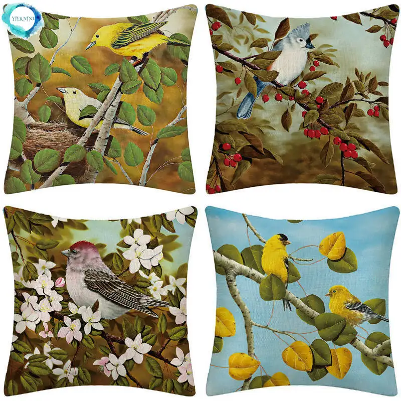 

Nordic Flower and Bird Print Cotton Linen Decorative Cushion Cover for Home Sofa Car Bedroom Chair Fundas De Cojin 45x45cm