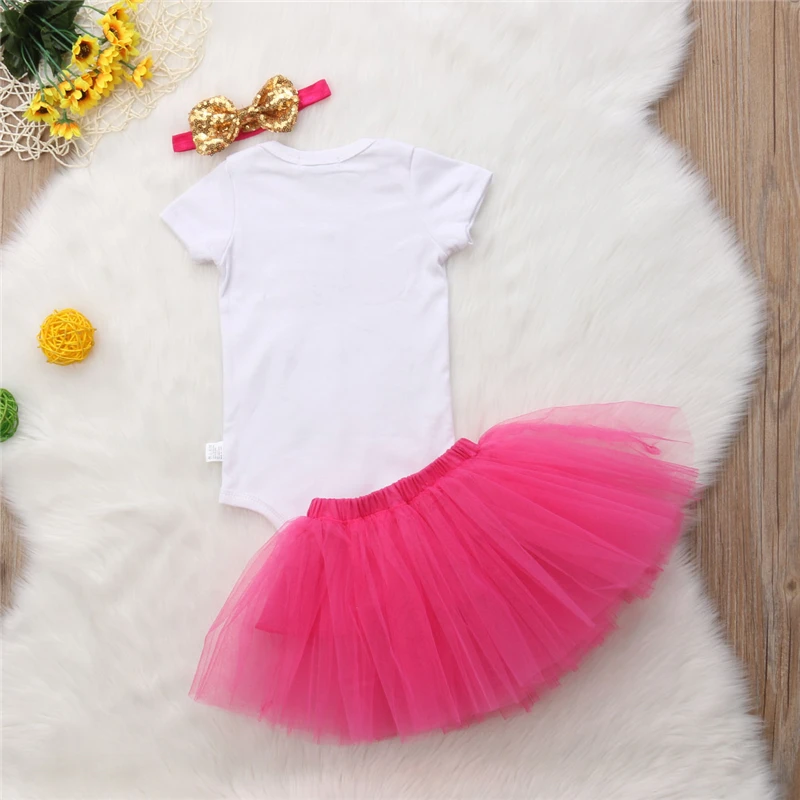 A 3Pcs Baby Birthday Clothing Newborn Baby Girl Clothes Floral Short Sleeve Bodysuit Tops Lace Tulle Tutu Skirt Headband Outfits