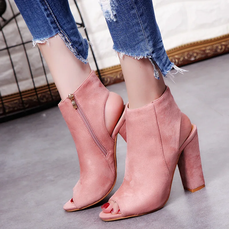 

Fashion Women Sandals Summer Open Toe Pumps Casual Flock Ankle Boots Thick High Heels Peep Toe Woman Pumps Sandals