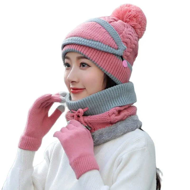 Шапка-маска из четырех предметов перчатки-нагрудники Женская Зимняя кепка