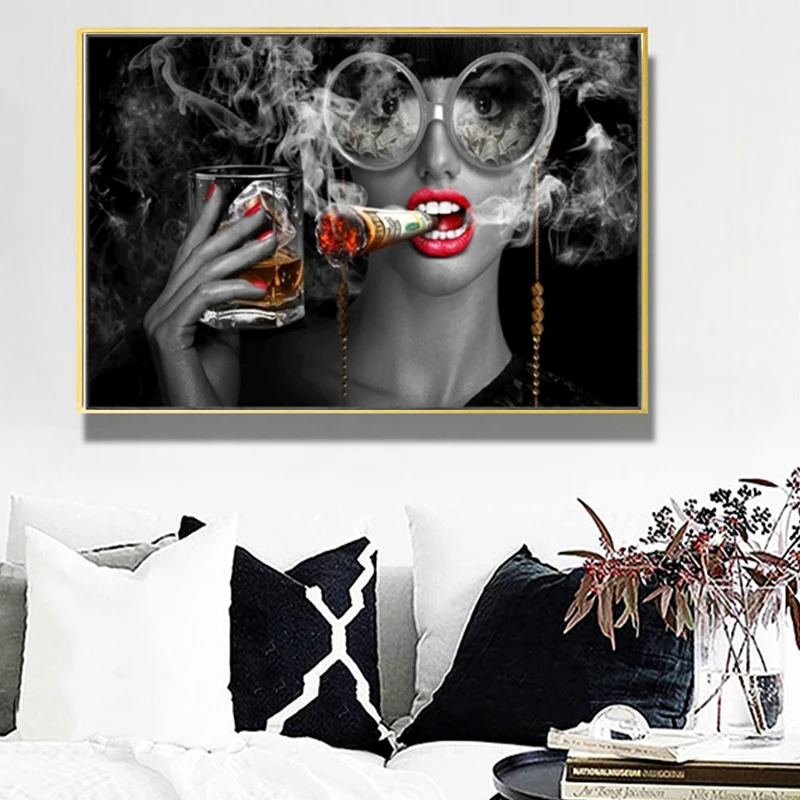 

Fashion Makeup Woman Bar Cool Smoking and Drinking Gril Poster and Print on Canvas Paintings Wall Art Pictures Home Decoration