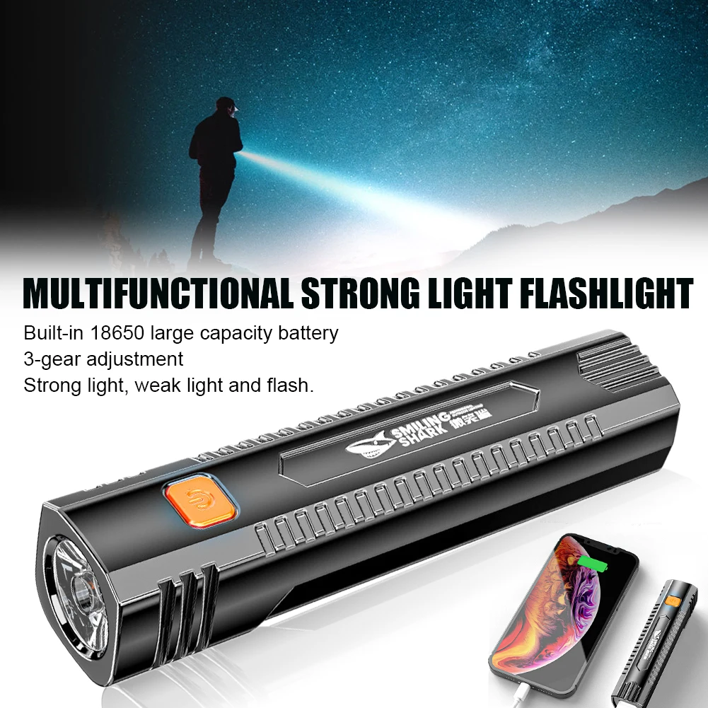 

Portable Flashlight USB Rechargeable LED Torch Pocket Flashlight Waterproof with Output Power Bank Self Defense Fishing Camping