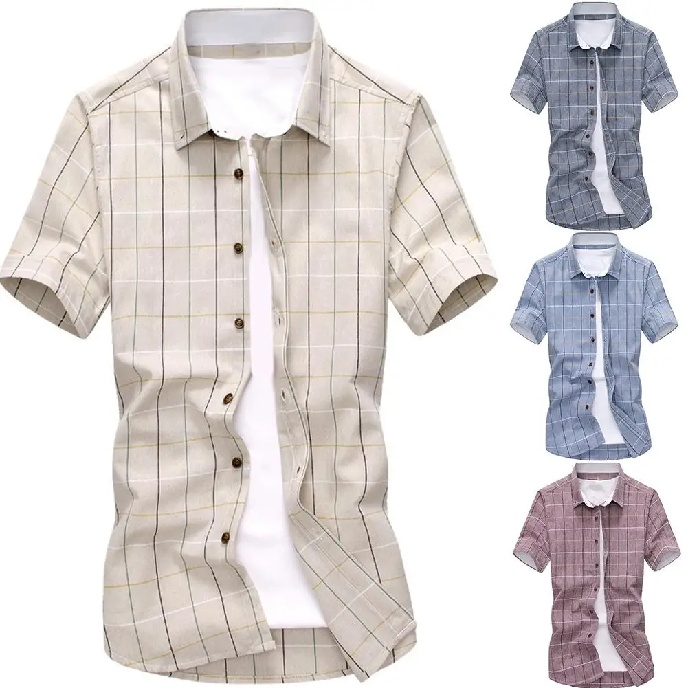 Мужская хлопковая рубашка в клетку с коротким рукавом и отложным воротником |