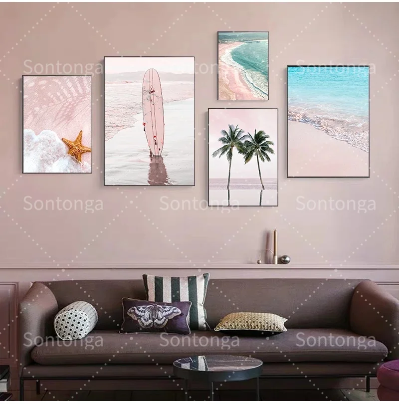 

Розовая пляжная доска для серфинга, Солнцезащитный кокосовое дерево, настенная Картина на холсте, скандинавский плакат, картина для украше...