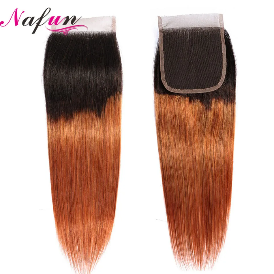 NAFUN Straight 4x4 Lace Closure #T1B/30 Indian Hair Pre-colored Non Remy Ombre Color 100% Human Extensions | Шиньоны и парики