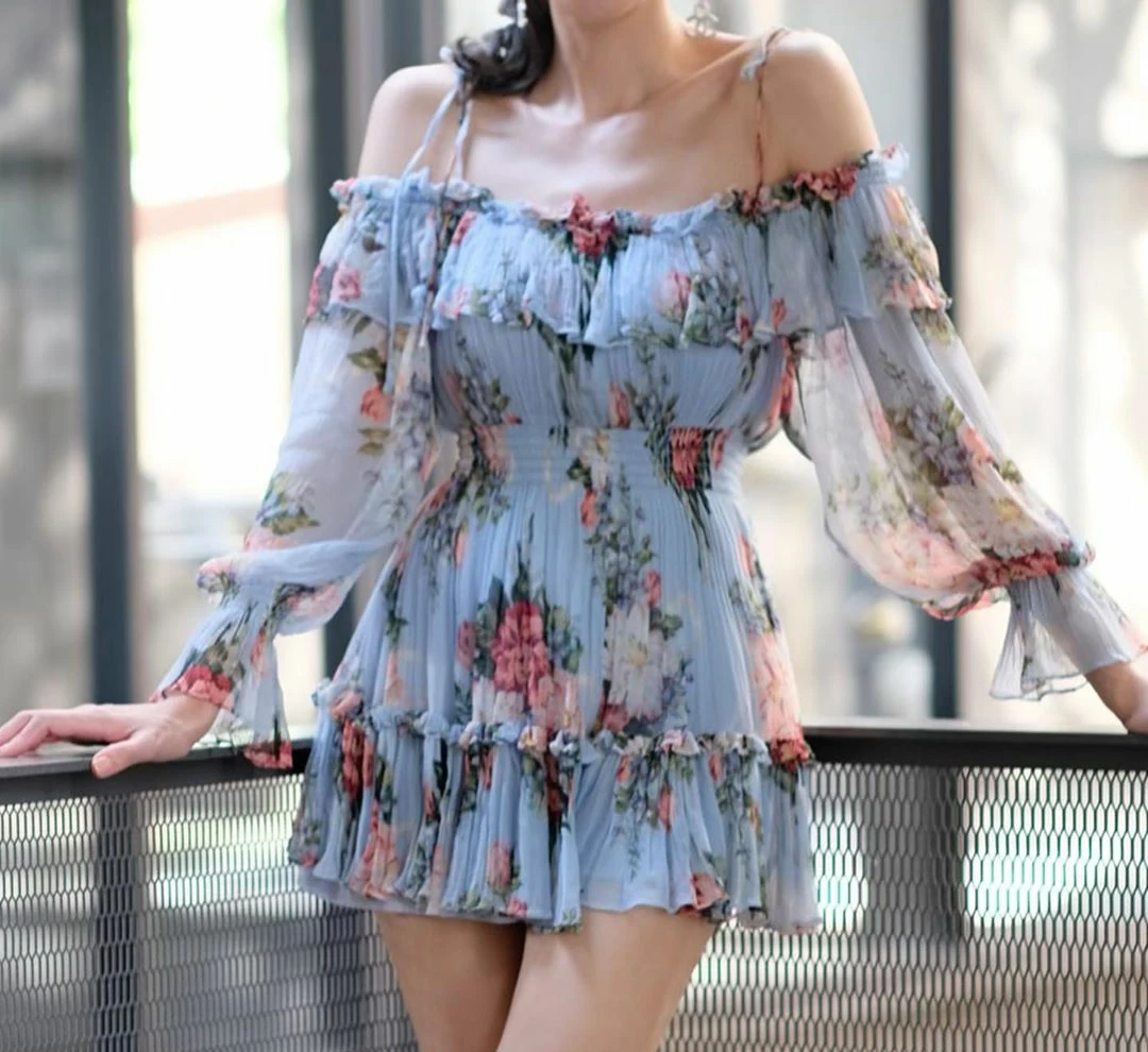 

None Decoration Women A-line Cotton Ruffled Long Sleeve Navy Off-shoulder Dress